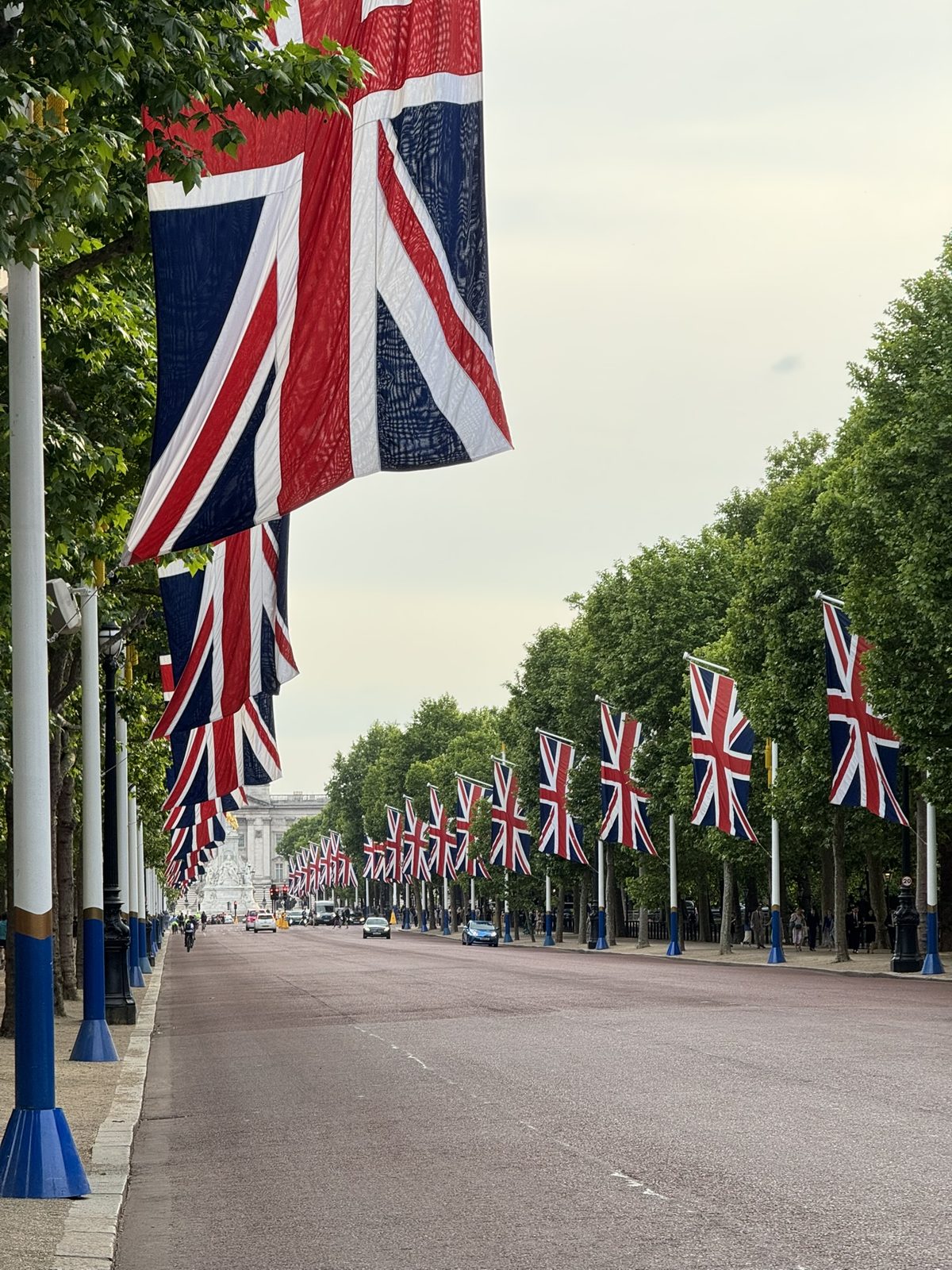 Union Jack flags lining a tree-lined avenue